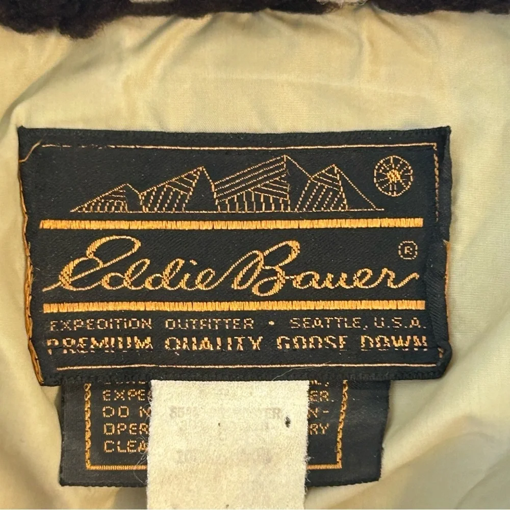 Eddie Bauer Vtg Goose Down Tan Double-Breasted Coat Faux Fur Collar Womens L USA